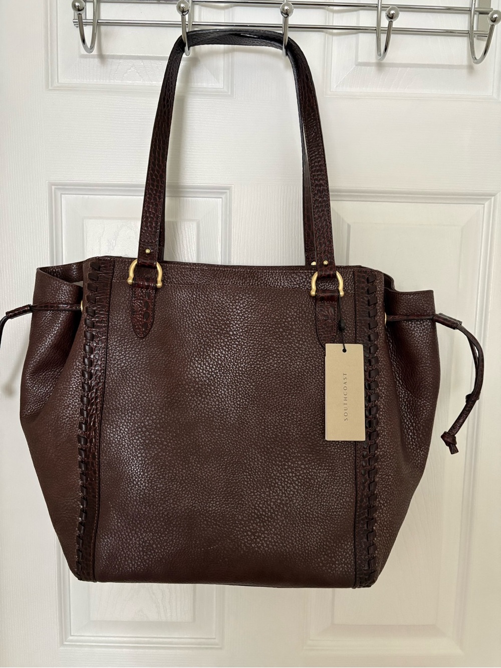 Brahmin Chocolate Brown Pebbled Leather Tote with Braided Trim